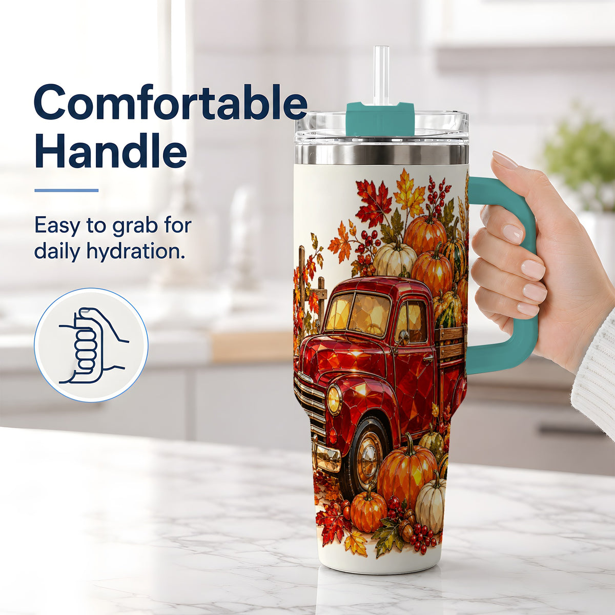 #pl[40oz|Green] Vintage Fall Pumpkin Truck 40oz Tumbler, Autumn Harvest Artwork
