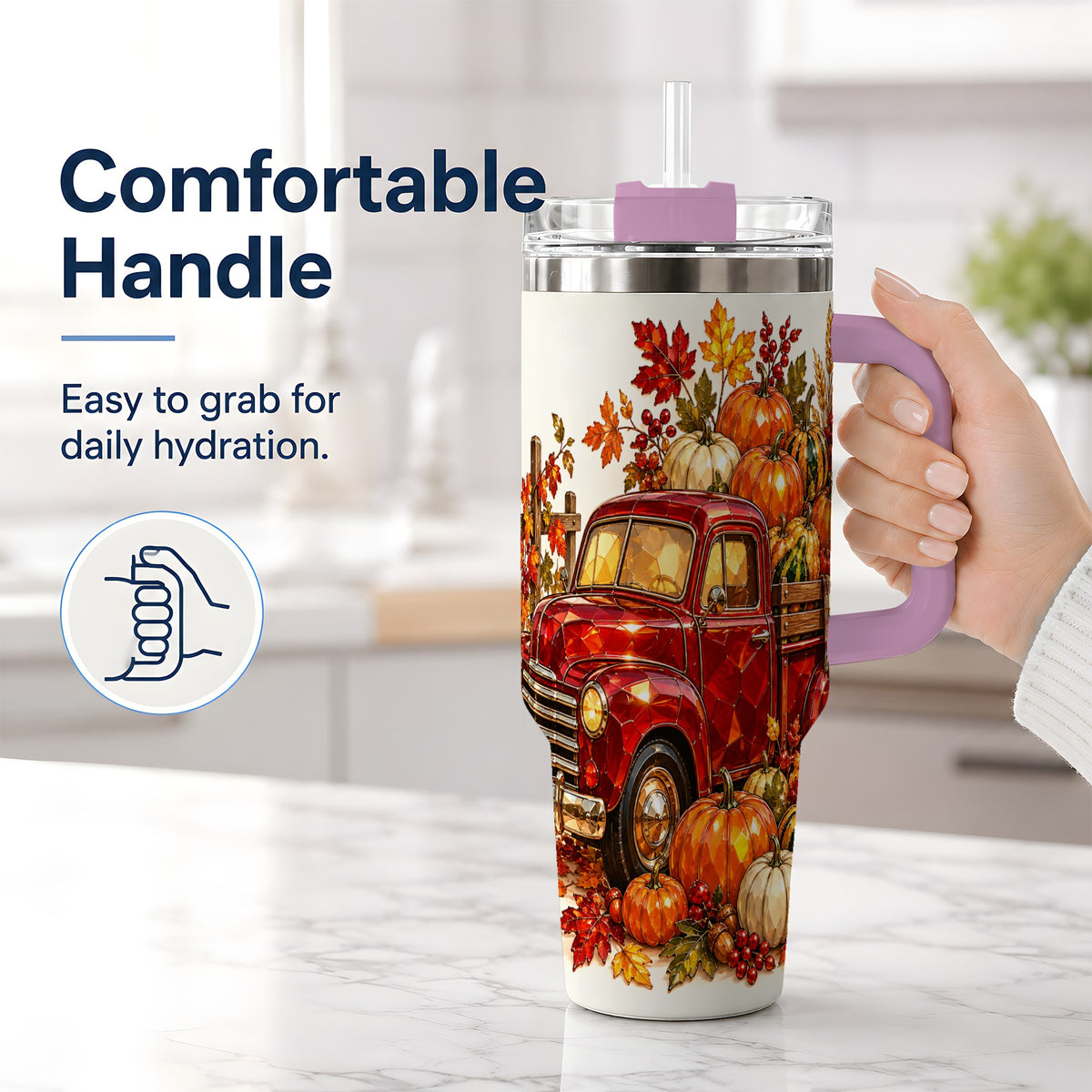 #pl[40oz|Pink] Vintage Fall Pumpkin Truck 40oz Tumbler, Autumn Harvest Artwork