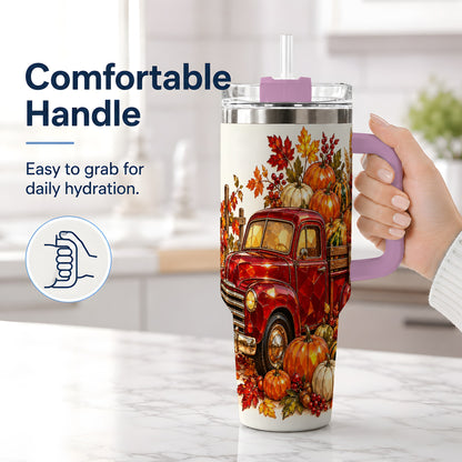 #pl[40oz|Pink] Vintage Fall Pumpkin Truck 40oz Tumbler, Autumn Harvest Artwork