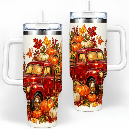 Vintage Fall Pumpkin Truck 40oz Tumbler, Autumn Harvest Artwork