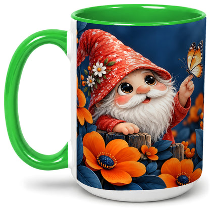 #pl[15oz|Green] Garden Gnome Ceramic Mug, Butterfly and Orange Floral Art