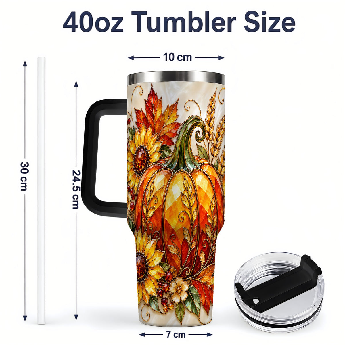#pl[40oz|Black] Autumn Pumpkin Sunflower 40oz Tumbler, Stained Glass Style Art