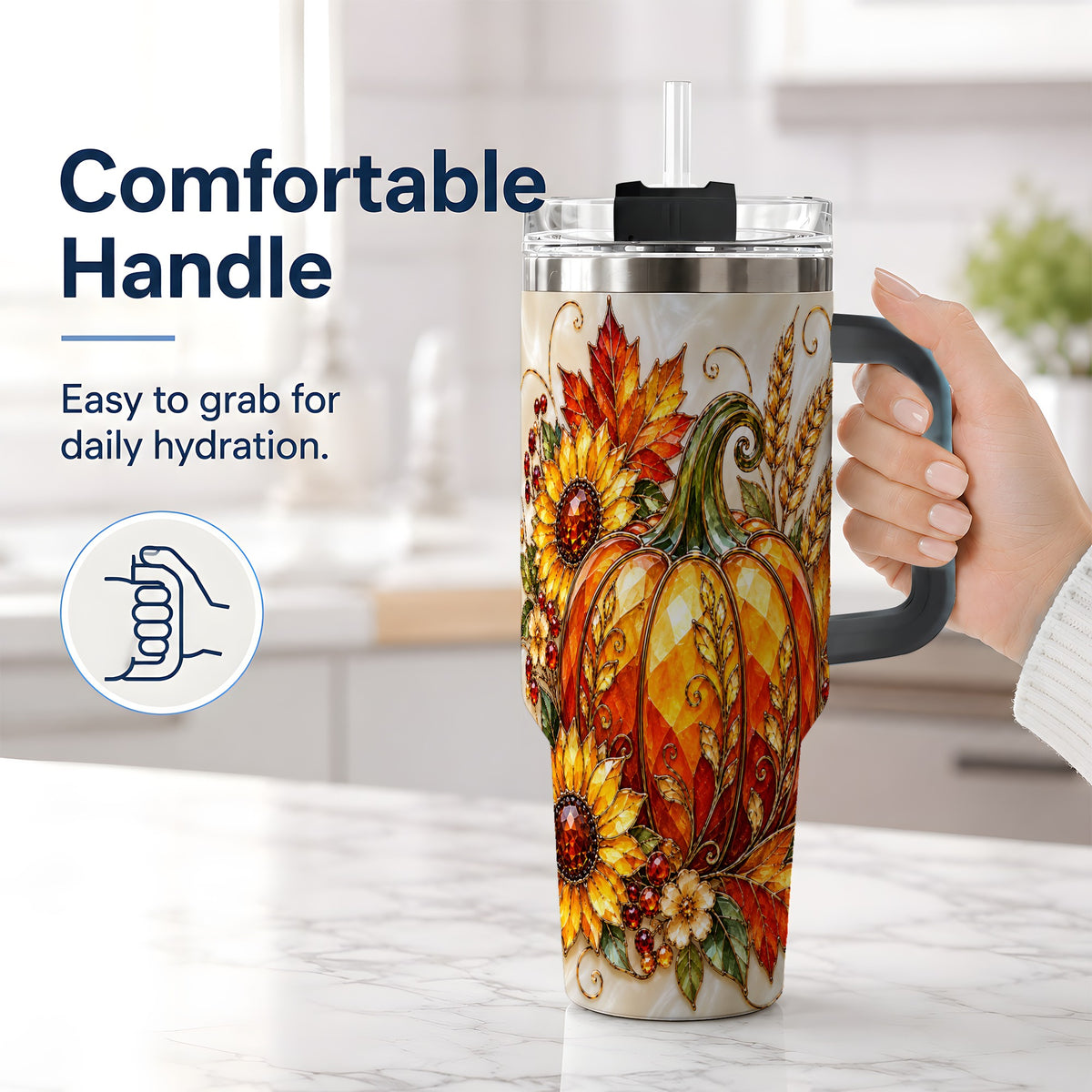 #pl[40oz|Black] Autumn Pumpkin Sunflower 40oz Tumbler, Stained Glass Style Art