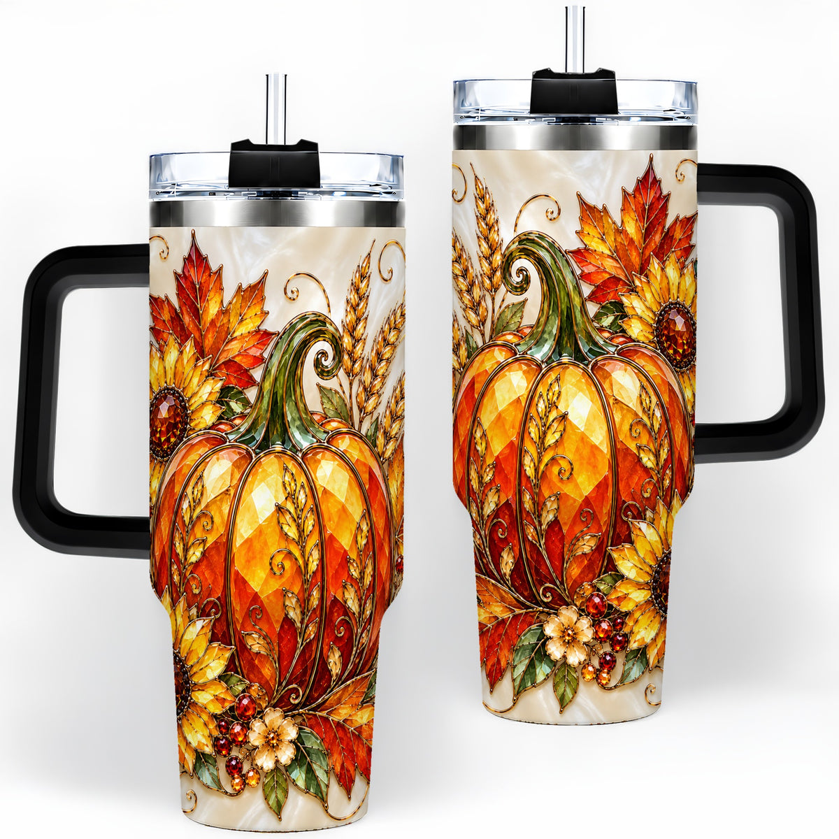 #pl[40oz|Black] Autumn Pumpkin Sunflower 40oz Tumbler, Stained Glass Style Art