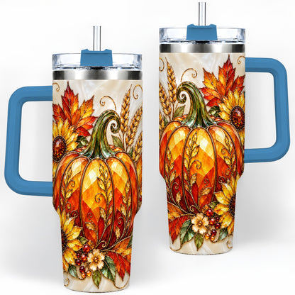 #pl[40oz|Blue] Autumn Pumpkin Sunflower 40oz Tumbler, Stained Glass Style Art