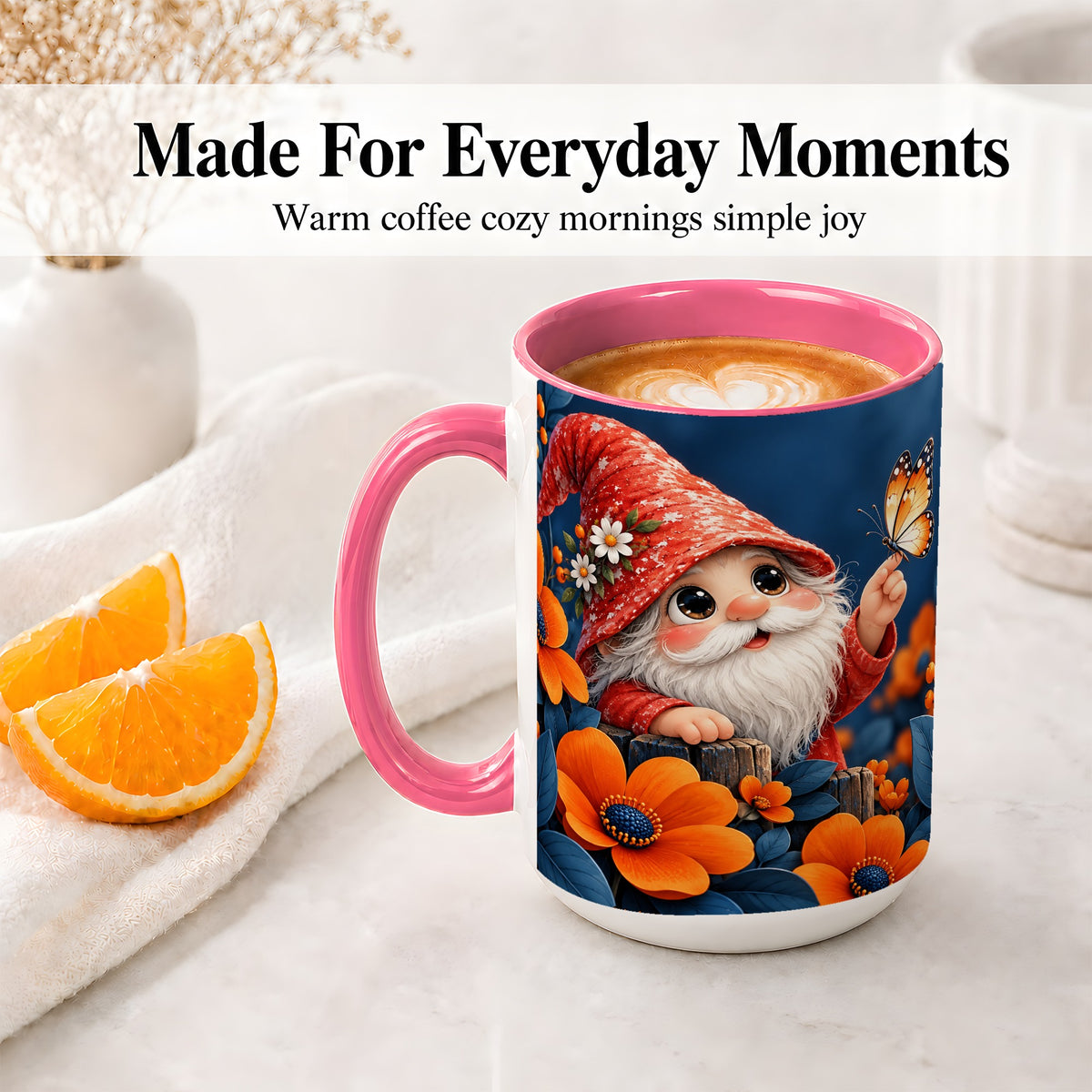 #pl[15oz|Pink] Garden Gnome Ceramic Mug, Butterfly and Orange Floral Art