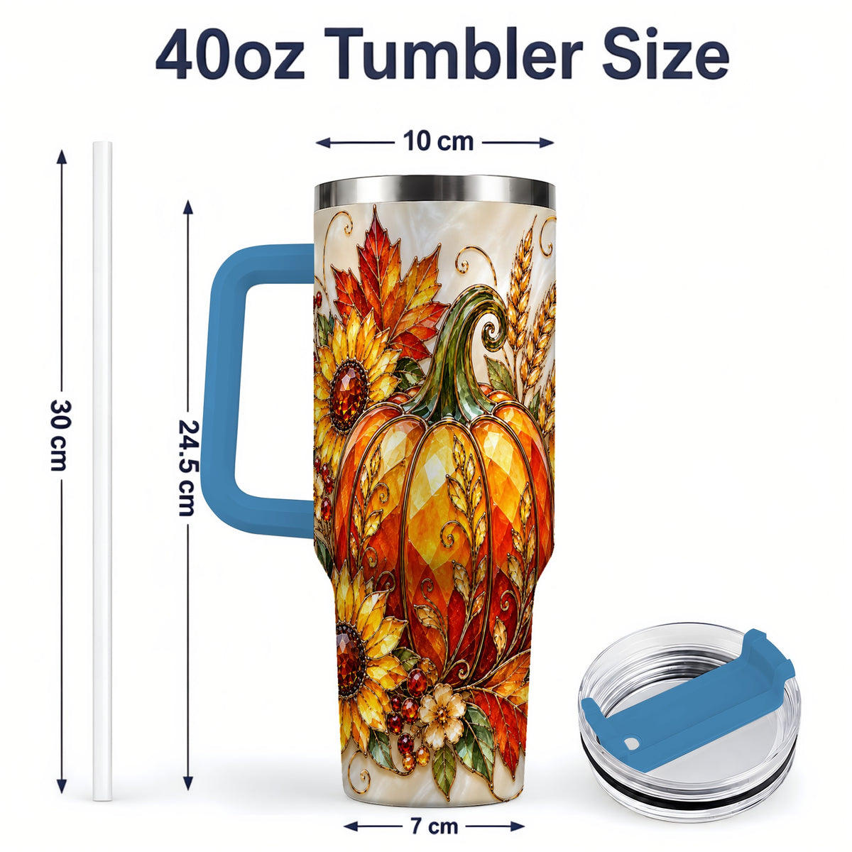 #pl[40oz|Blue] Autumn Pumpkin Sunflower 40oz Tumbler, Stained Glass Style Art