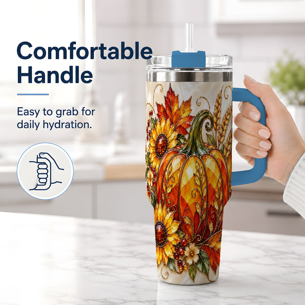 #pl[40oz|Blue] Autumn Pumpkin Sunflower 40oz Tumbler, Stained Glass Style Art