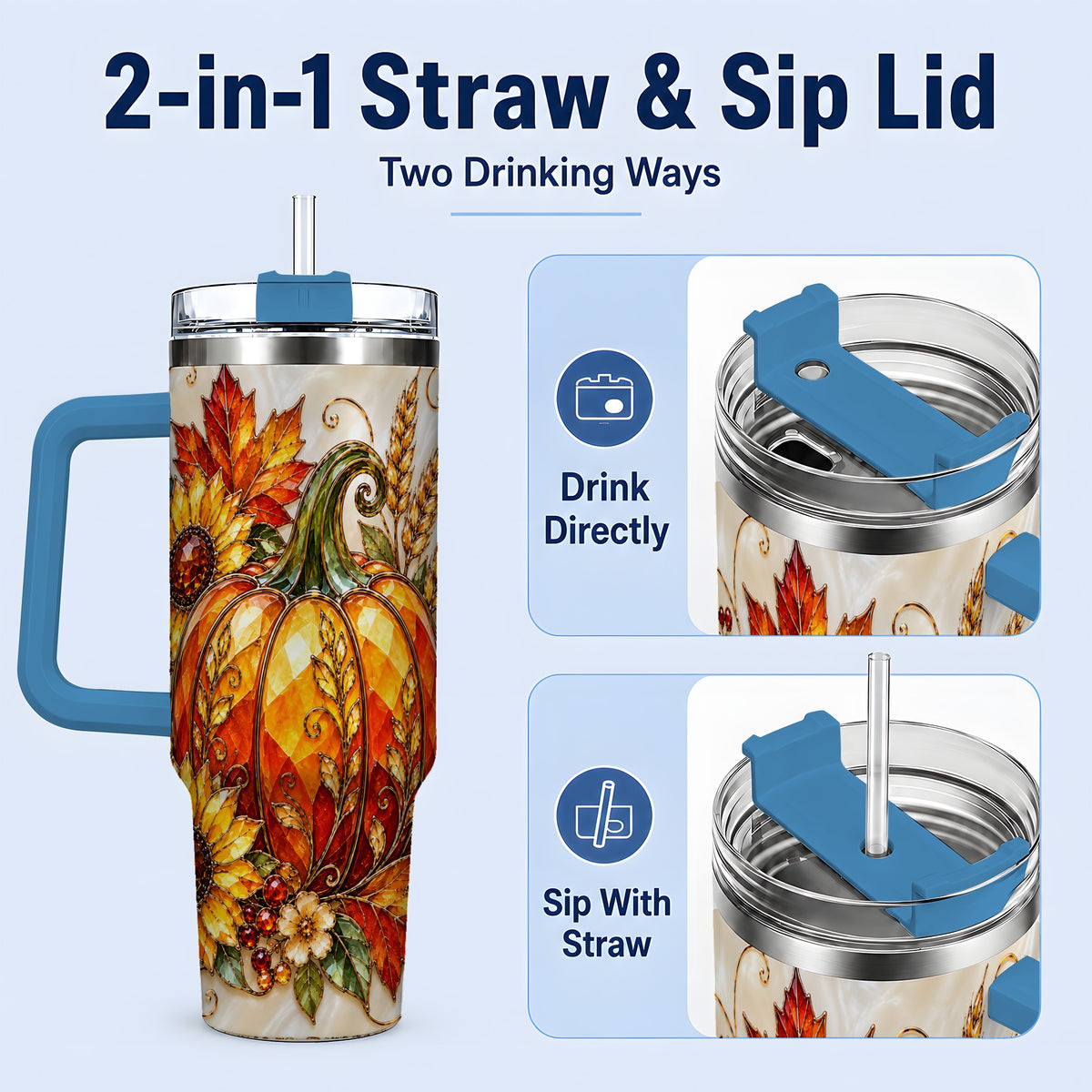 #pl[40oz|Blue] Autumn Pumpkin Sunflower 40oz Tumbler, Stained Glass Style Art
