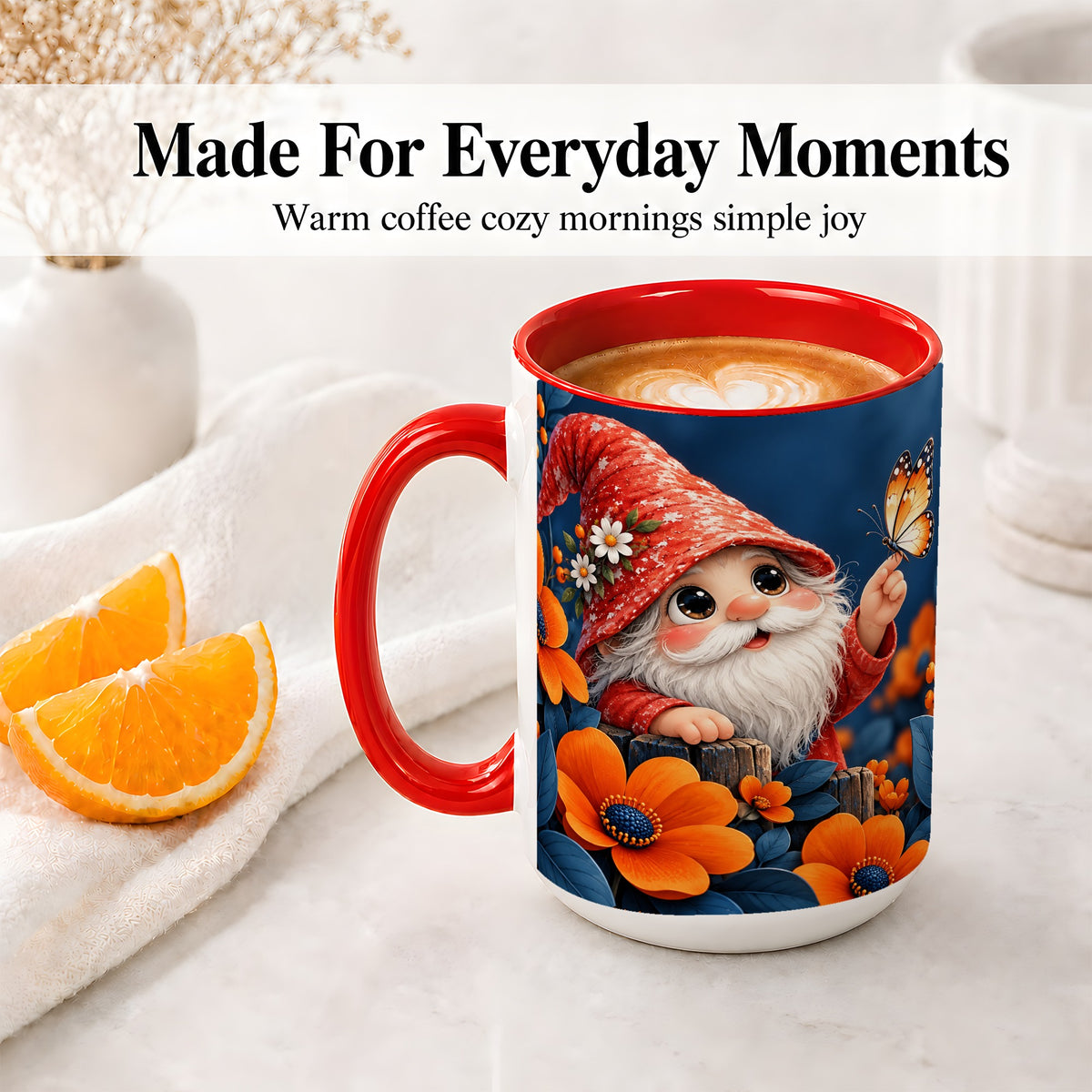 #pl[15oz|Red] Garden Gnome Ceramic Mug, Butterfly and Orange Floral Art