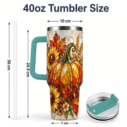 #pl[40oz|Green] Autumn Pumpkin Sunflower 40oz Tumbler, Stained Glass Style Art