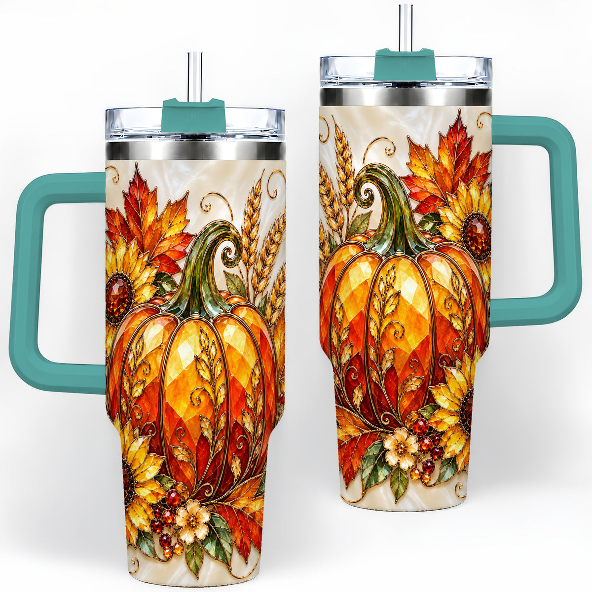 #pl[40oz|Green] Autumn Pumpkin Sunflower 40oz Tumbler, Stained Glass Style Art