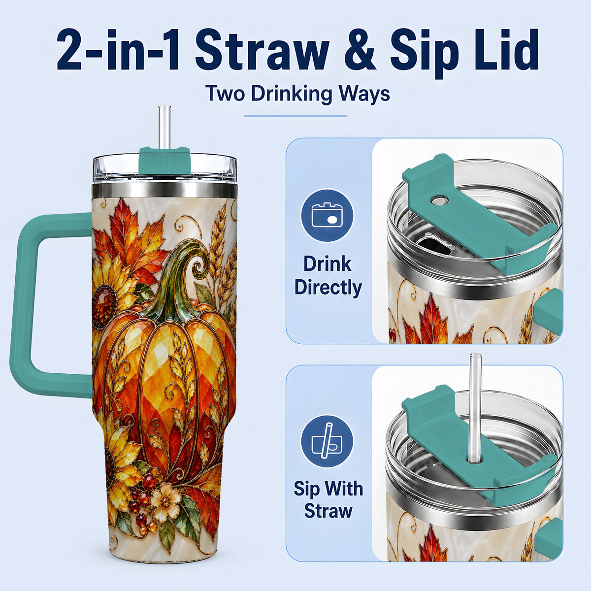 #pl[40oz|Green] Autumn Pumpkin Sunflower 40oz Tumbler, Stained Glass Style Art