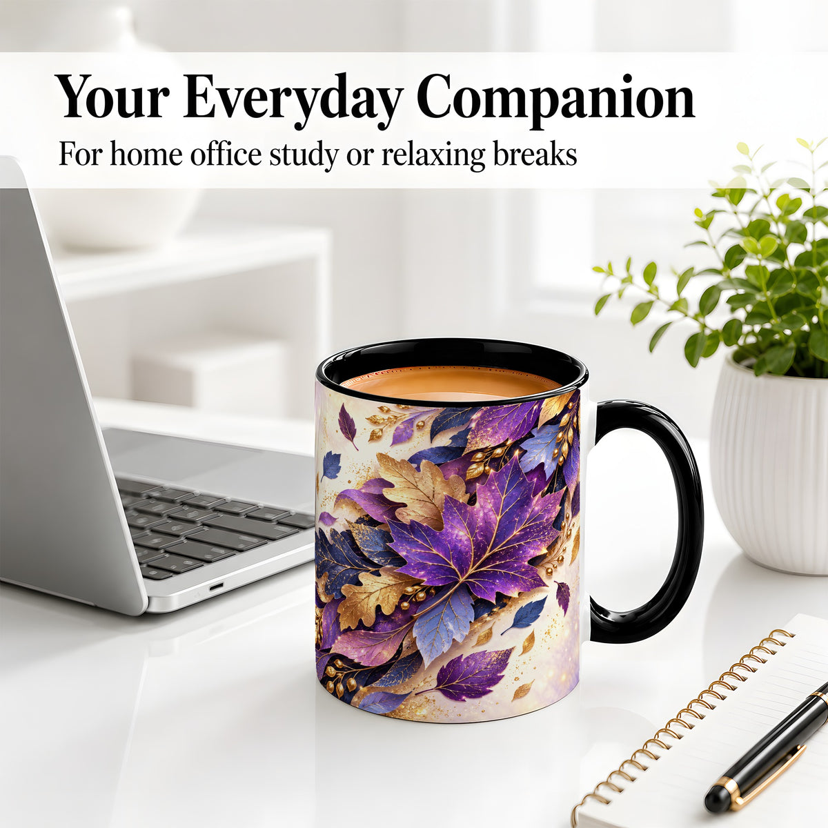 #pl[11oz|Black] Purple Autumn Leaves Ceramic Mug, Gold Botanical Artwork