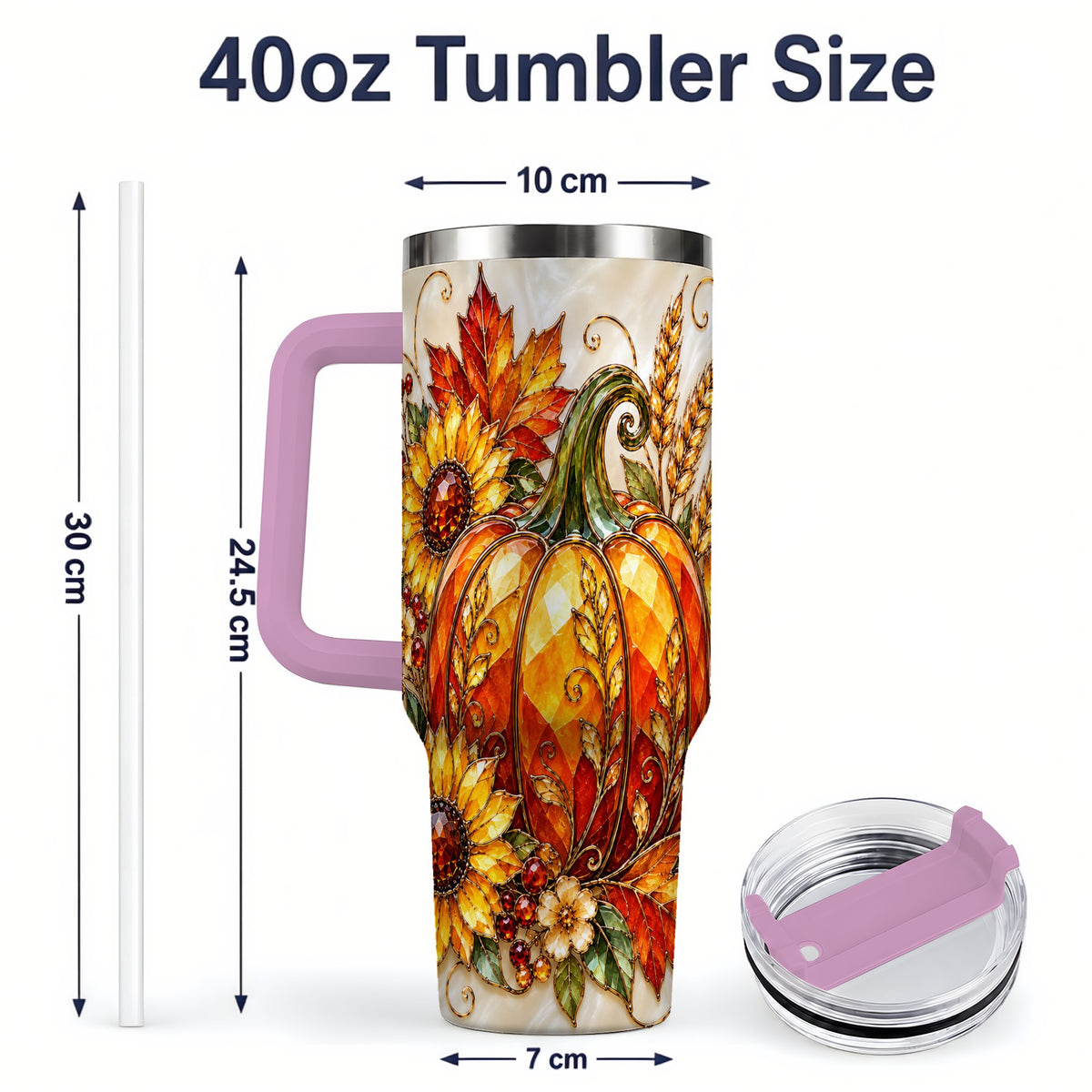 #pl[40oz|Pink] Autumn Pumpkin Sunflower 40oz Tumbler, Stained Glass Style Art