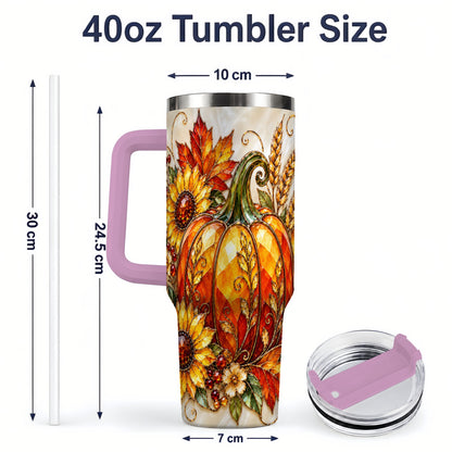 #pl[40oz|Pink] Autumn Pumpkin Sunflower 40oz Tumbler, Stained Glass Style Art