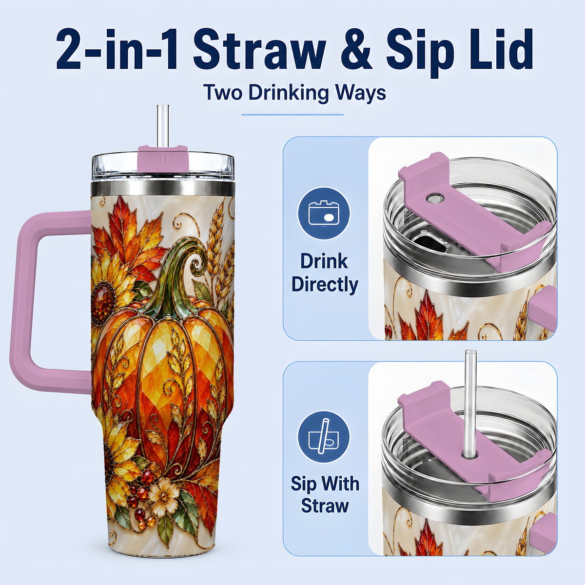 #pl[40oz|Pink] Autumn Pumpkin Sunflower 40oz Tumbler, Stained Glass Style Art