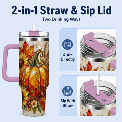 #pl[40oz|Pink] Autumn Pumpkin Sunflower 40oz Tumbler, Stained Glass Style Art