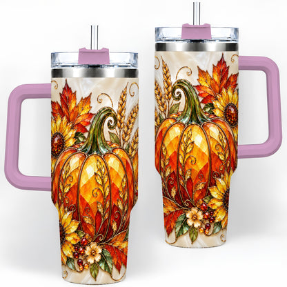 #pl[40oz|Pink] Autumn Pumpkin Sunflower 40oz Tumbler, Stained Glass Style Art