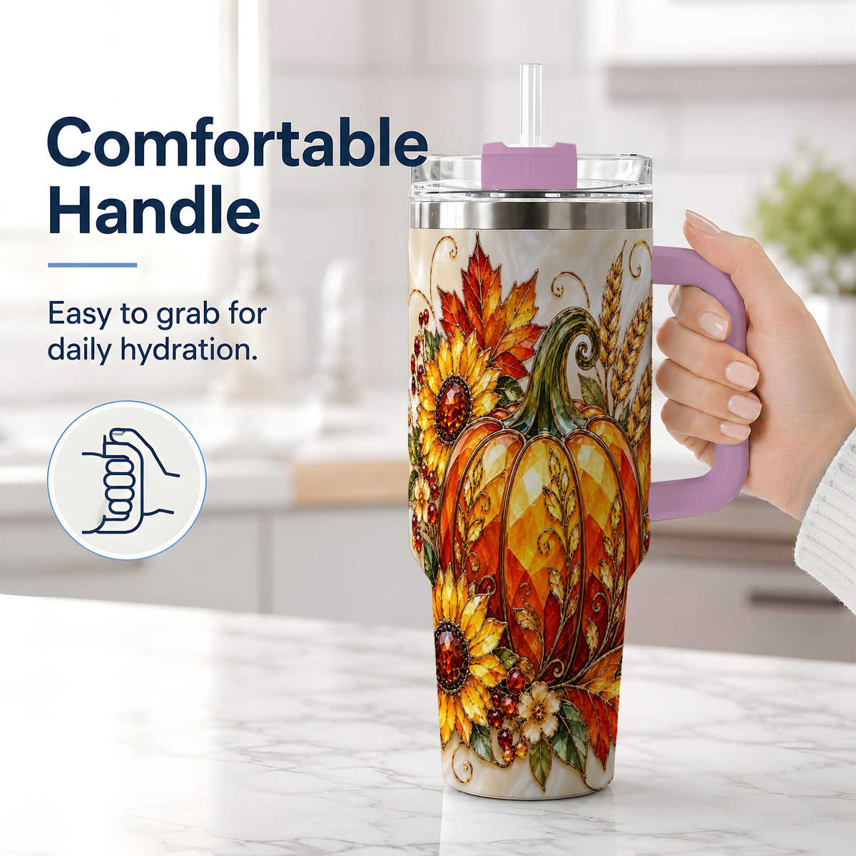 #pl[40oz|Pink] Autumn Pumpkin Sunflower 40oz Tumbler, Stained Glass Style Art