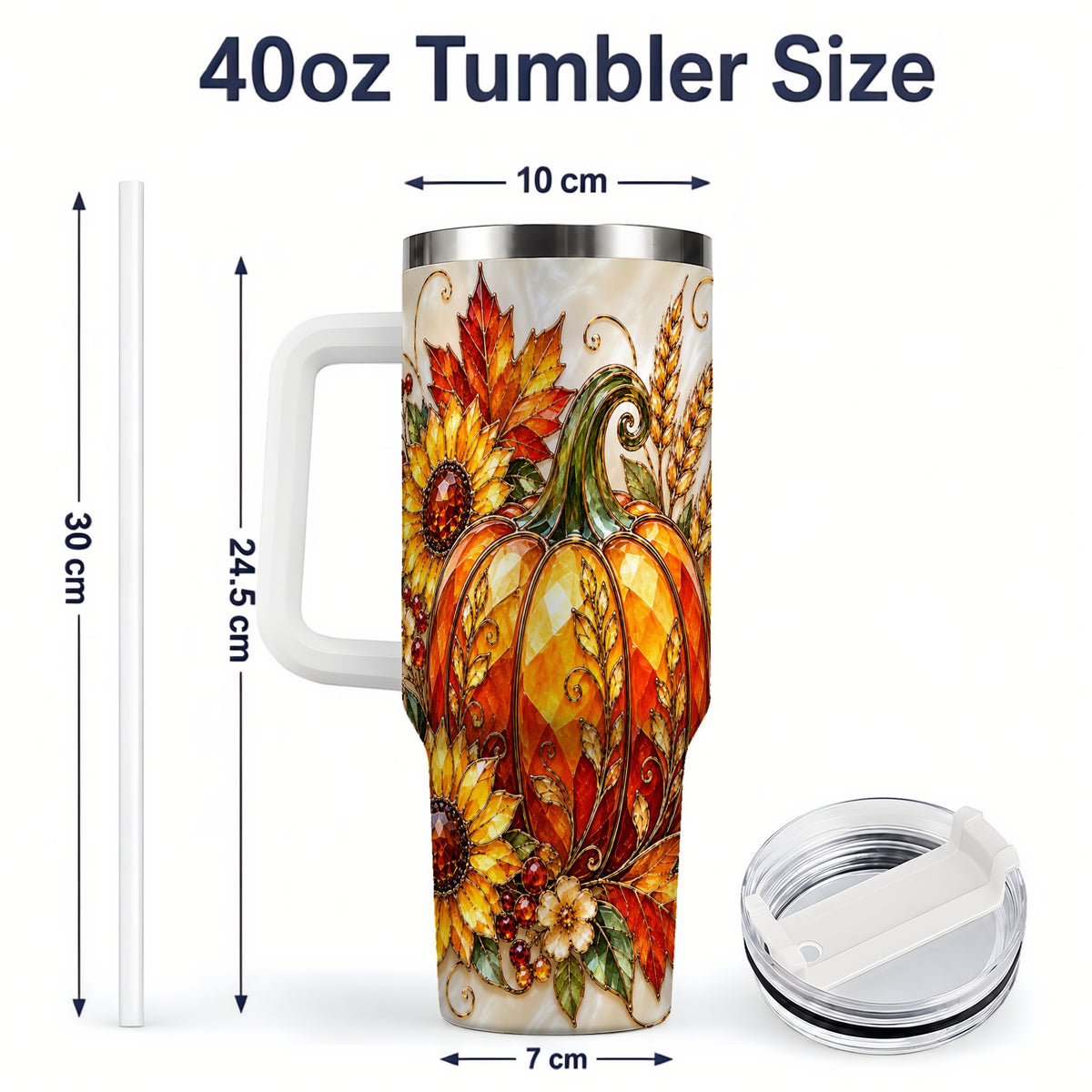 #pl[40oz|White] Autumn Pumpkin Sunflower 40oz Tumbler, Stained Glass Style Art