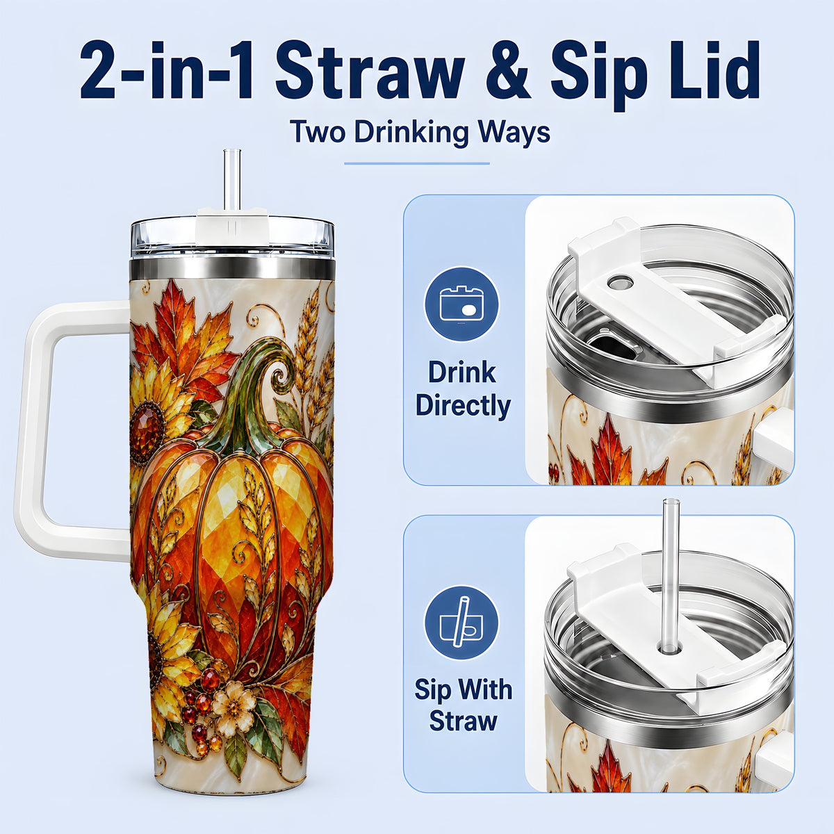 #pl[40oz|White] Autumn Pumpkin Sunflower 40oz Tumbler, Stained Glass Style Art