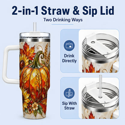 #pl[40oz|White] Autumn Pumpkin Sunflower 40oz Tumbler, Stained Glass Style Art