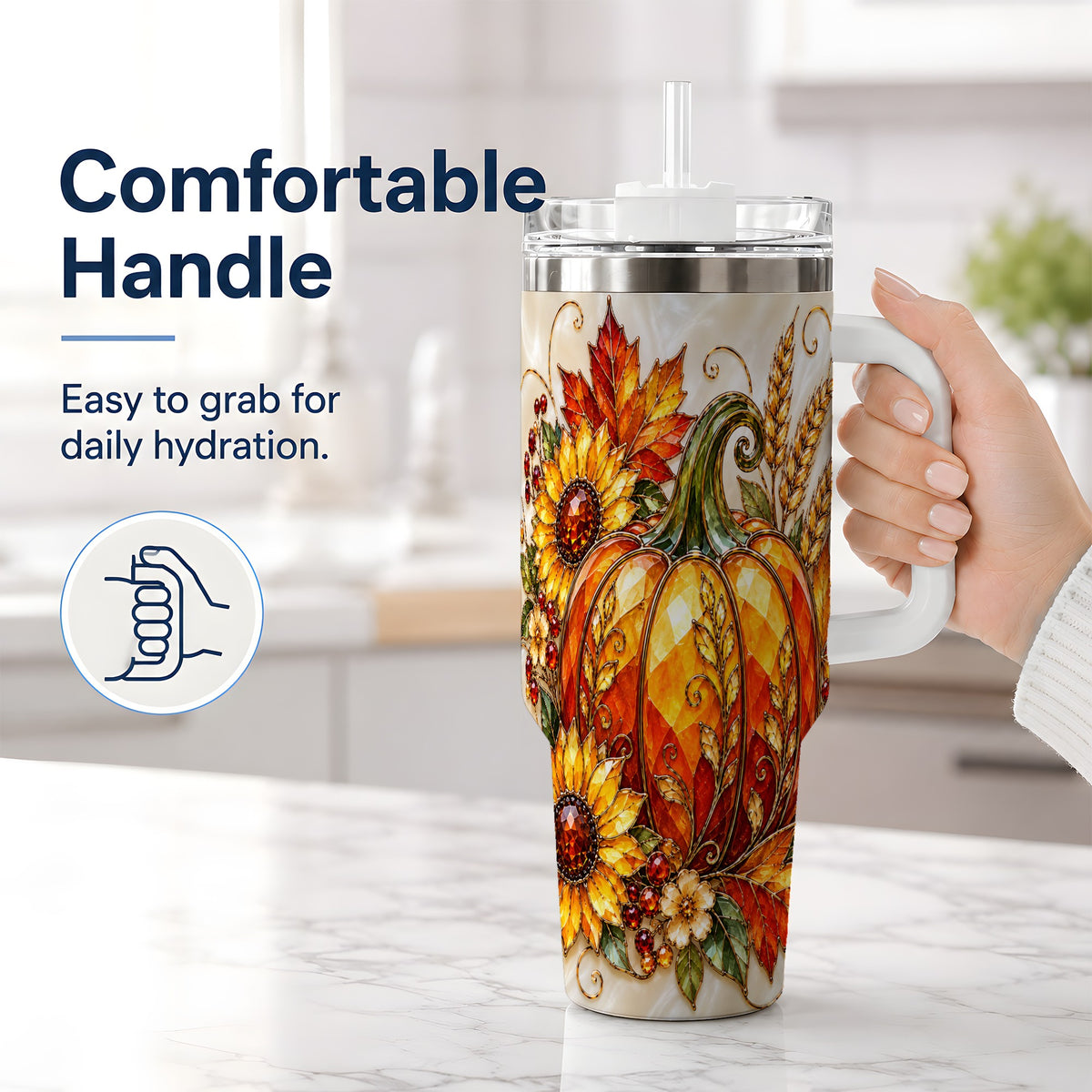 #pl[40oz|White] Autumn Pumpkin Sunflower 40oz Tumbler, Stained Glass Style Art