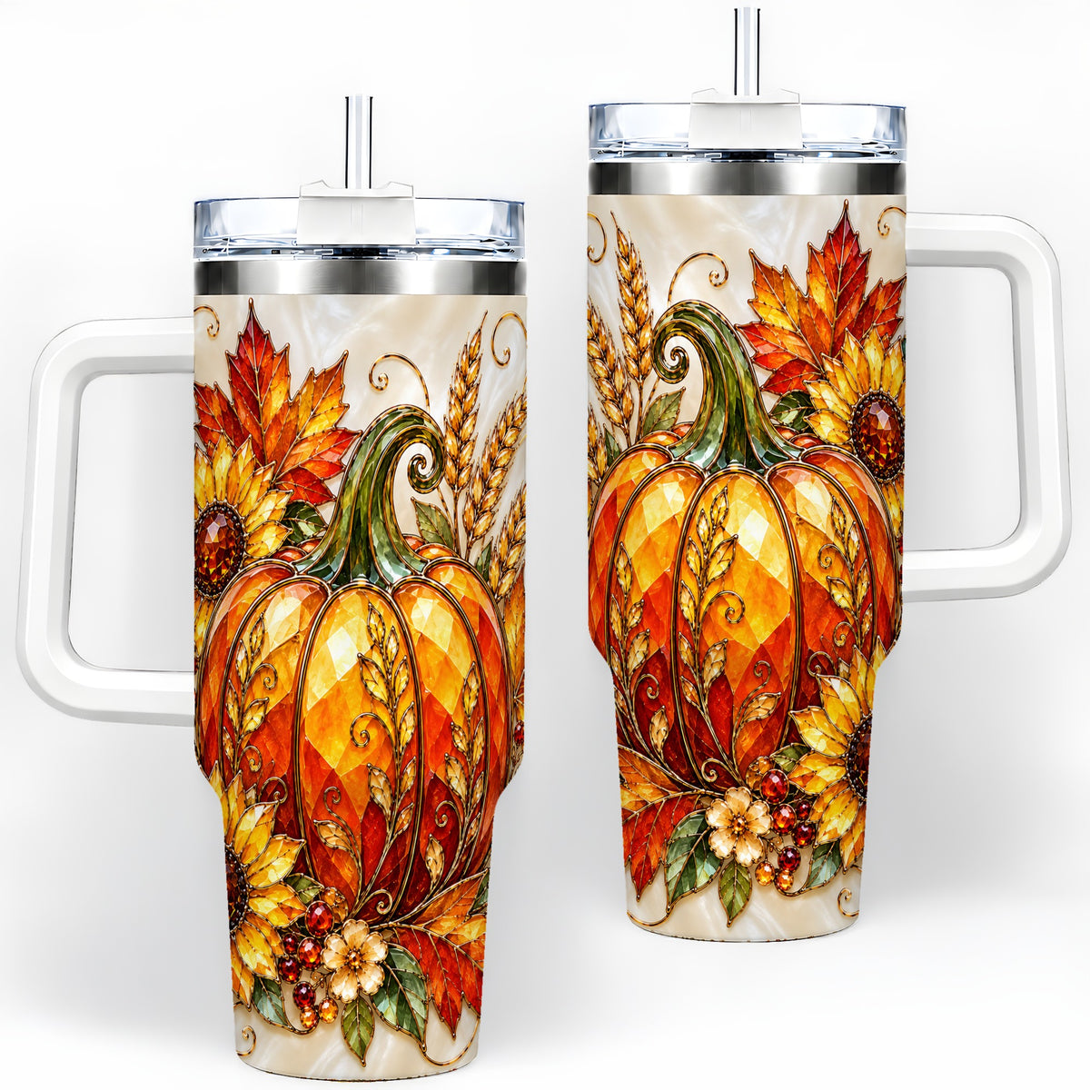 Autumn Pumpkin Sunflower 40oz Tumbler, Stained Glass Style Art