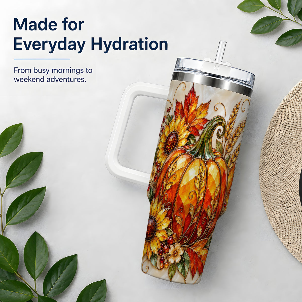Autumn Pumpkin Sunflower 40oz Tumbler, Stained Glass Style Art