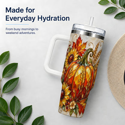 Autumn Pumpkin Sunflower 40oz Tumbler, Stained Glass Style Art