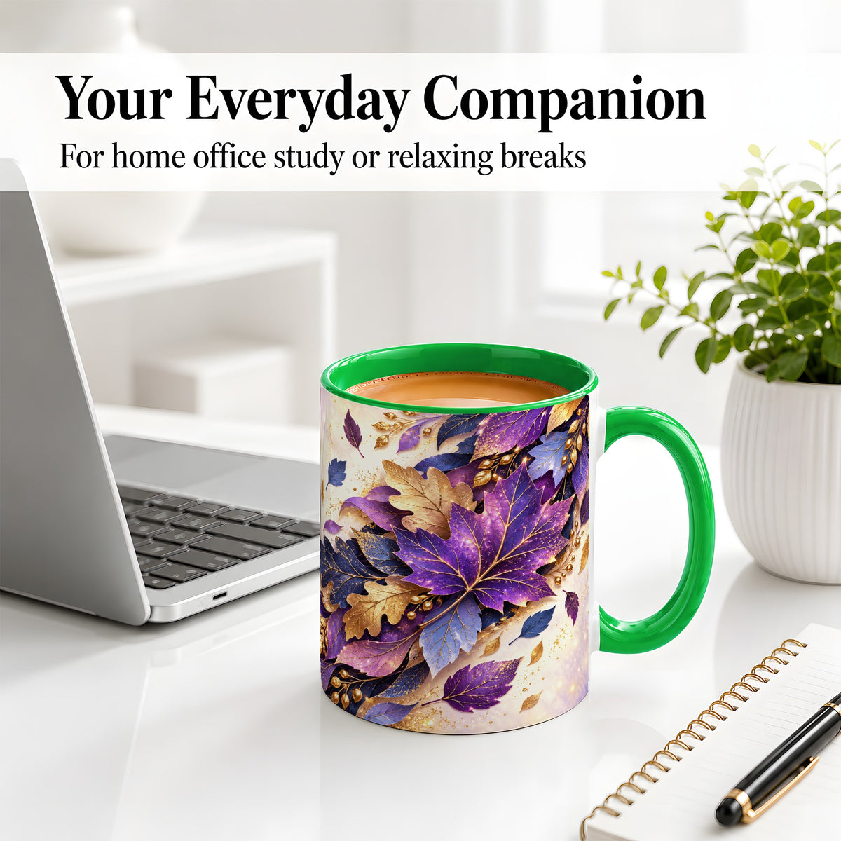 #pl[11oz|Green] Purple Autumn Leaves Ceramic Mug, Gold Botanical Artwork