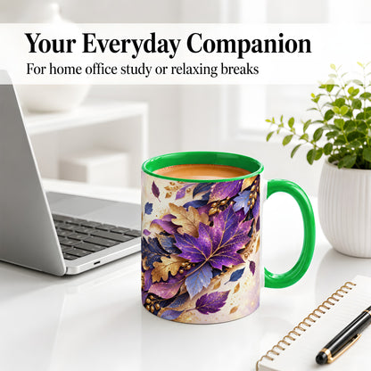 #pl[11oz|Green] Purple Autumn Leaves Ceramic Mug, Gold Botanical Artwork