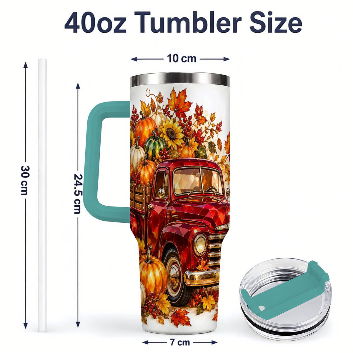 #pl[40oz|Green] Autumn Harvest Red Truck 40oz Tumbler, Pumpkin Fall Artwork