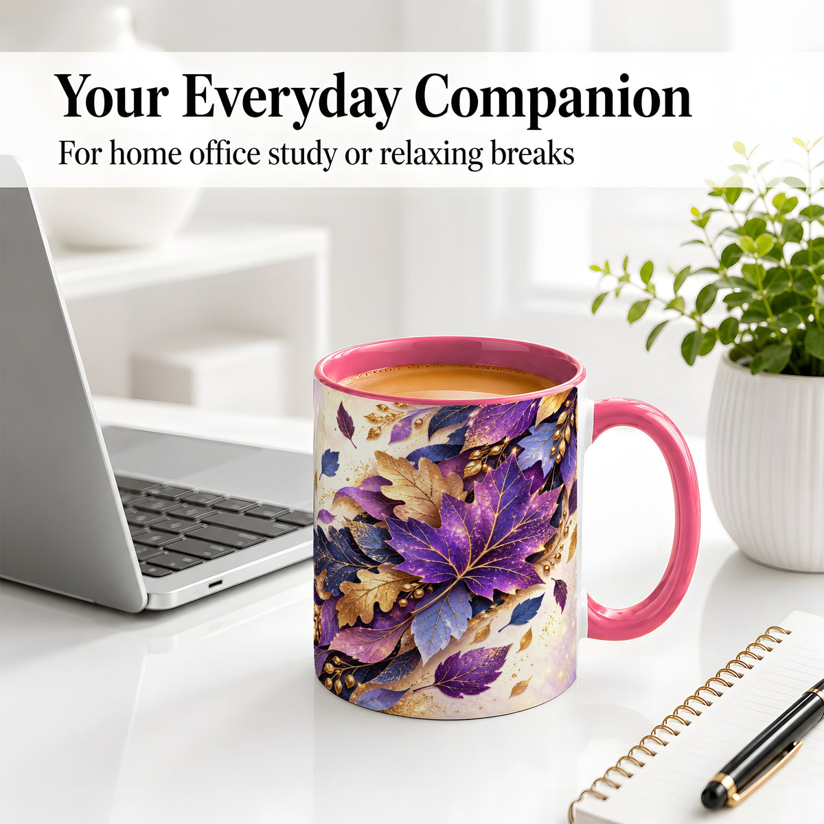 #pl[11oz|Pink] Purple Autumn Leaves Ceramic Mug, Gold Botanical Artwork