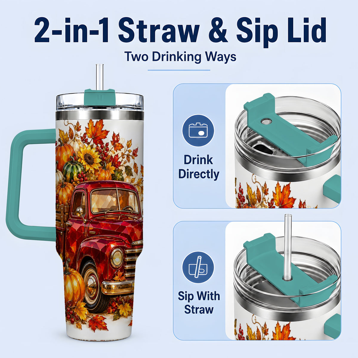 #pl[40oz|Green] Autumn Harvest Red Truck 40oz Tumbler, Pumpkin Fall Artwork