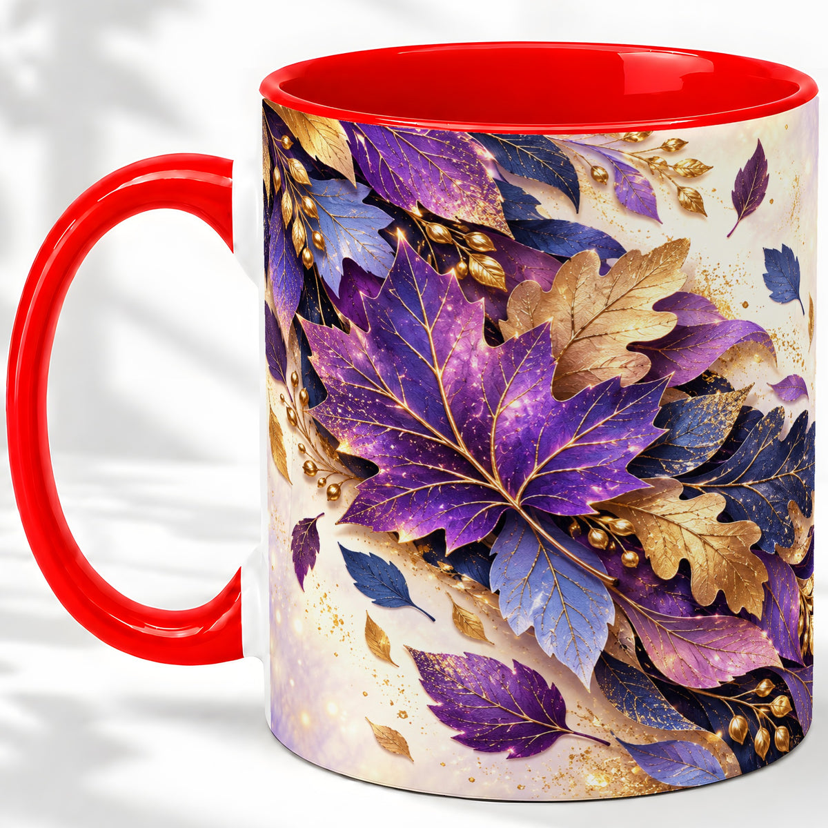 Purple Autumn Leaves Ceramic Mug, Gold Botanical Artwork