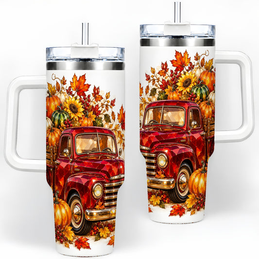 Autumn Harvest Red Truck 40oz Tumbler, Pumpkin Fall Artwork