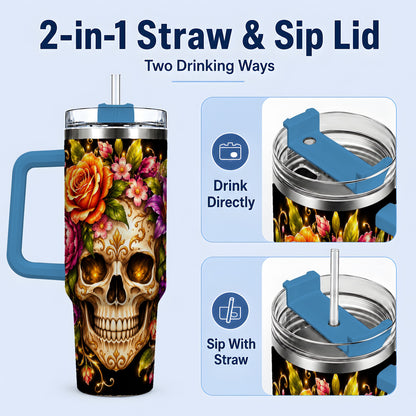 #pl[40oz|Blue] Floral Skull 40oz Tumbler, Colorful Botanical Gothic Artwork