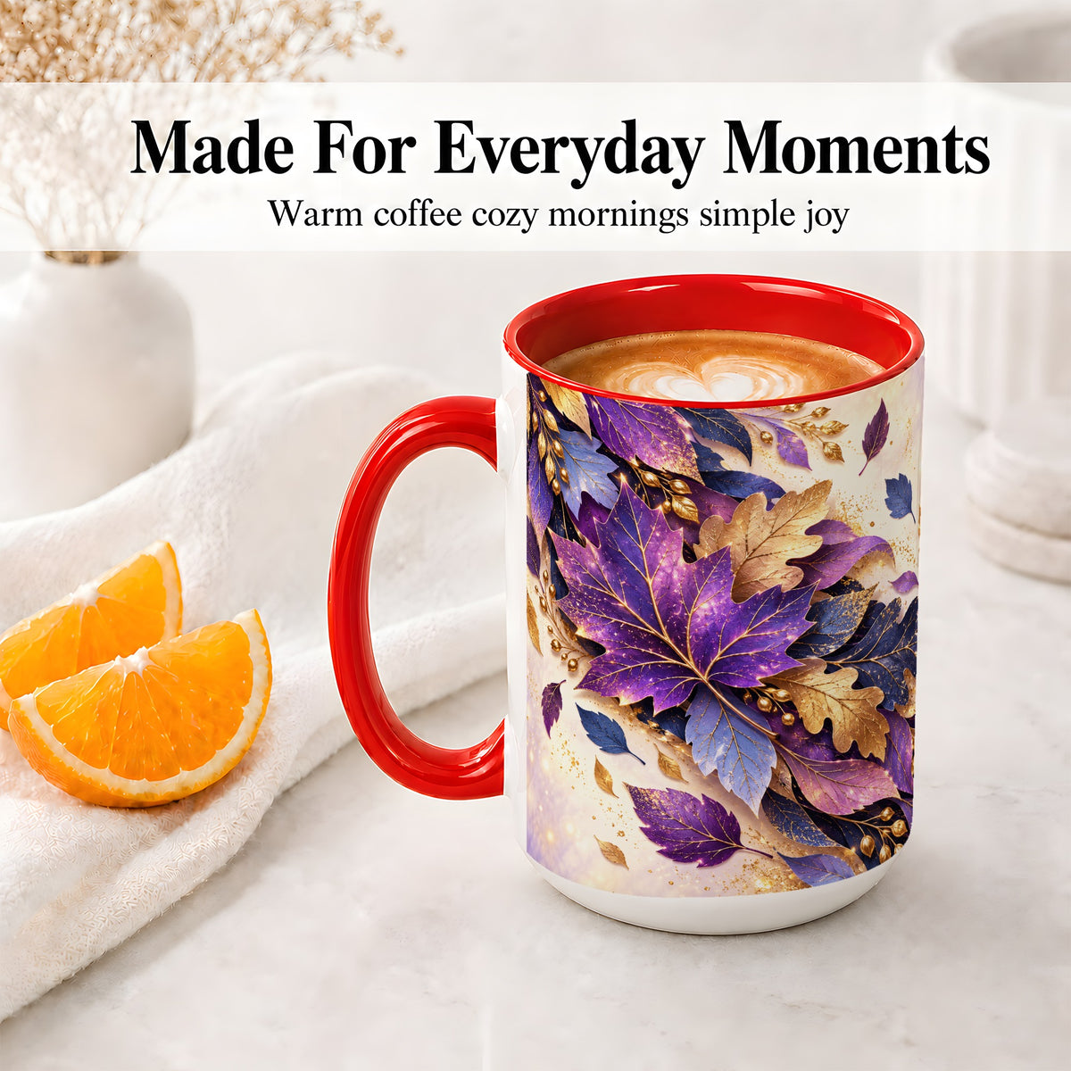 #pl[15oz|Red] Purple Autumn Leaves Ceramic Mug, Gold Botanical Artwork