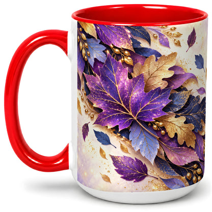 #pl[15oz|Red] Purple Autumn Leaves Ceramic Mug, Gold Botanical Artwork