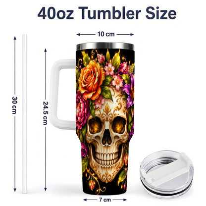 #pl[40oz|White] Floral Skull 40oz Tumbler, Colorful Botanical Gothic Artwork