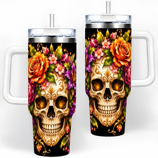 Floral Skull 40oz Tumbler, Colorful Botanical Gothic Artwork