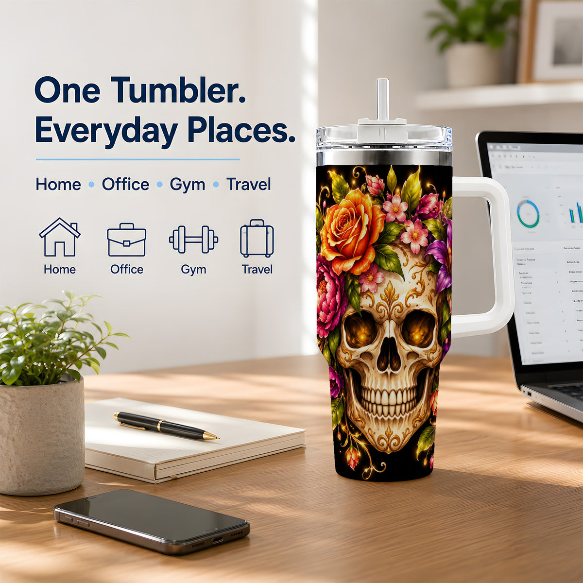 Floral Skull 40oz Tumbler, Colorful Botanical Gothic Artwork