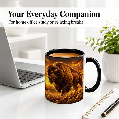 #pl[11oz|Black] American Bison Ceramic Mug, Golden Sunset Prairie Artwork
