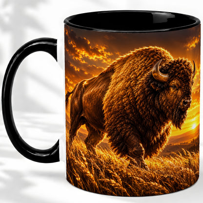 #pl[11oz|Black] American Bison Ceramic Mug, Golden Sunset Prairie Artwork