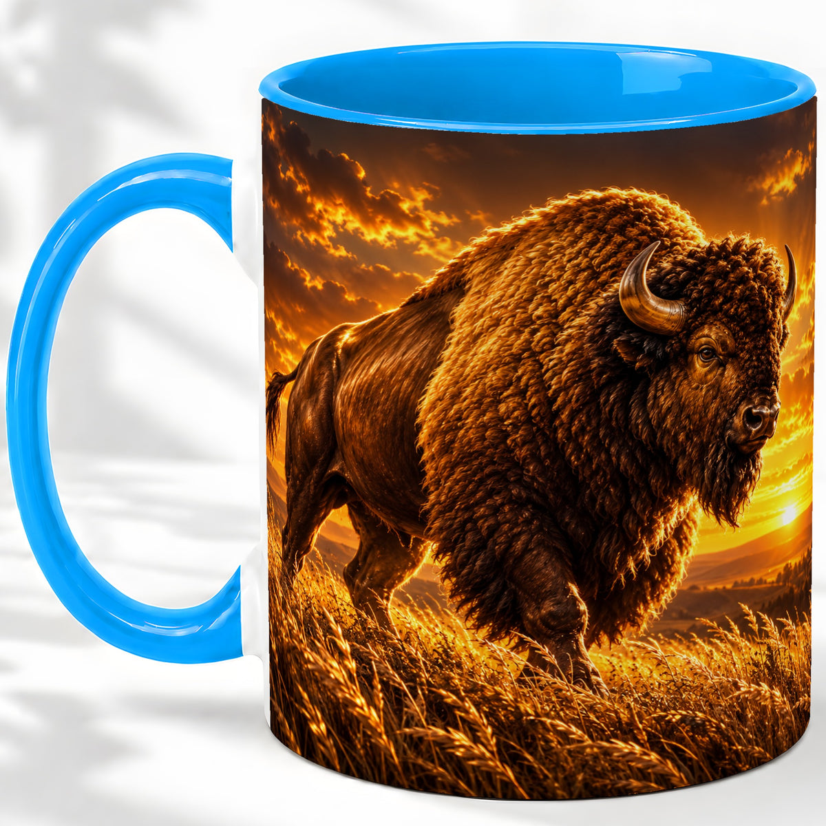 #pl[11oz|Blue] American Bison Ceramic Mug, Golden Sunset Prairie Artwork