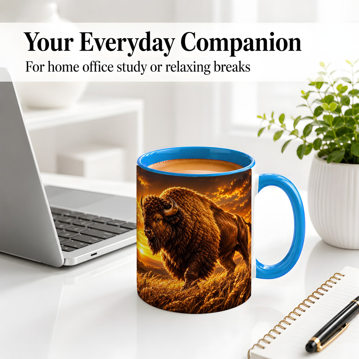 #pl[11oz|Blue] American Bison Ceramic Mug, Golden Sunset Prairie Artwork