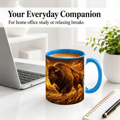 #pl[11oz|Blue] American Bison Ceramic Mug, Golden Sunset Prairie Artwork