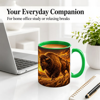 #pl[11oz|Green] American Bison Ceramic Mug, Golden Sunset Prairie Artwork